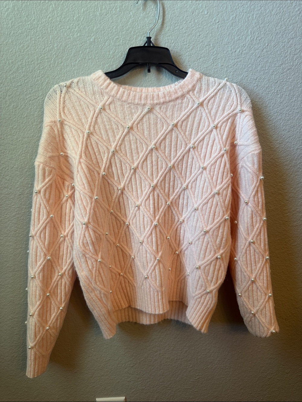 Pearlcore Pink Calligraphie Women's Pearl-Accent Crewneck Cable Knit Sweater